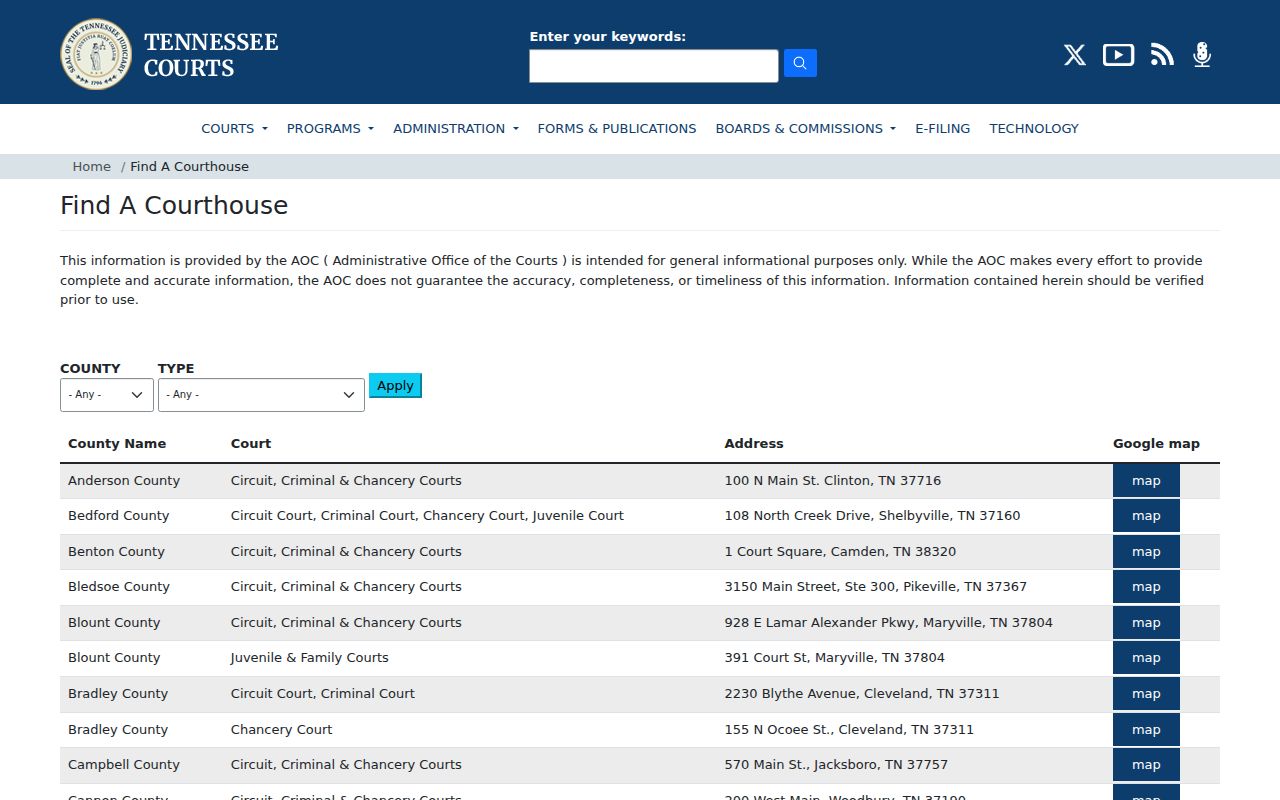 Chester County court docket entry in the Tennessee courthouse directory