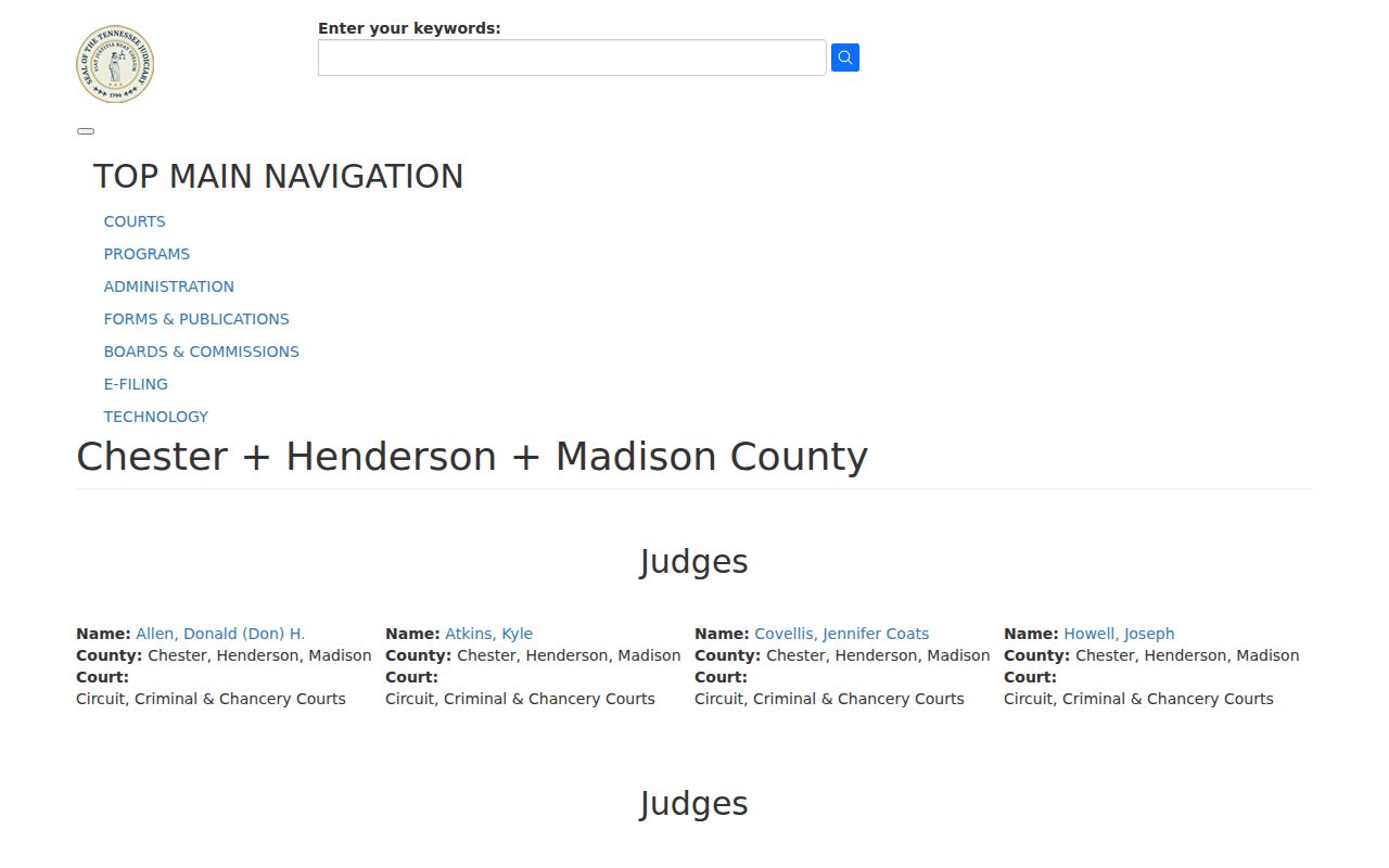 Chester County court docket courts in the 26th Judicial District