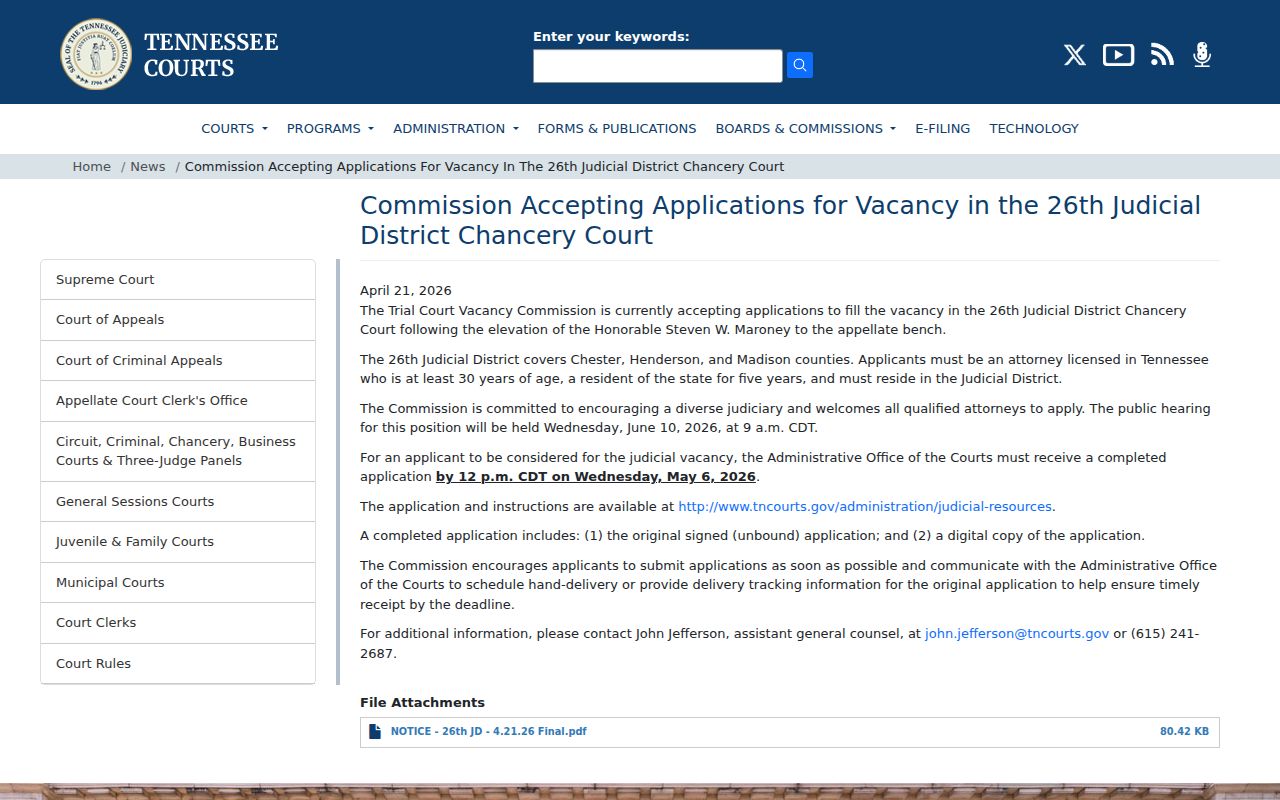 Chester County civil docket Chancery vacancy notice