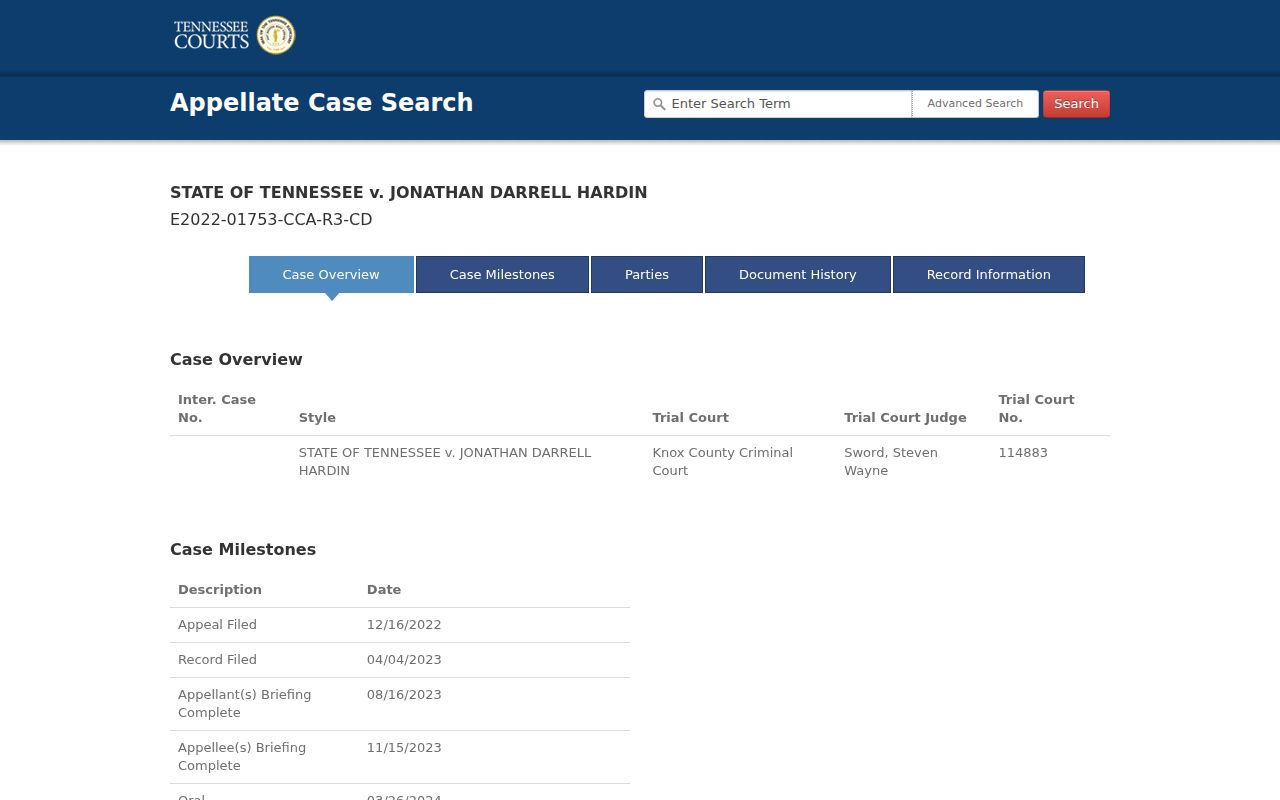 Sample appellate fields relevant to Chester County court records