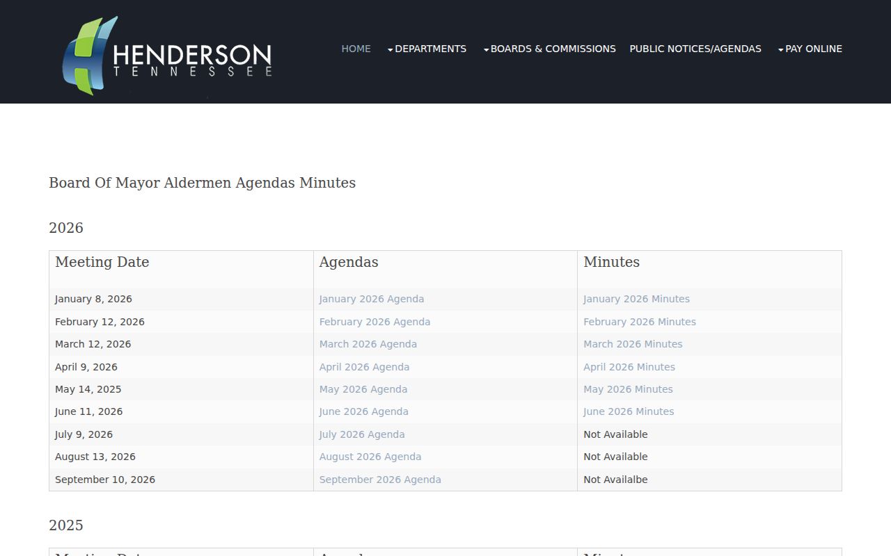 Henderson council agendas and minutes page