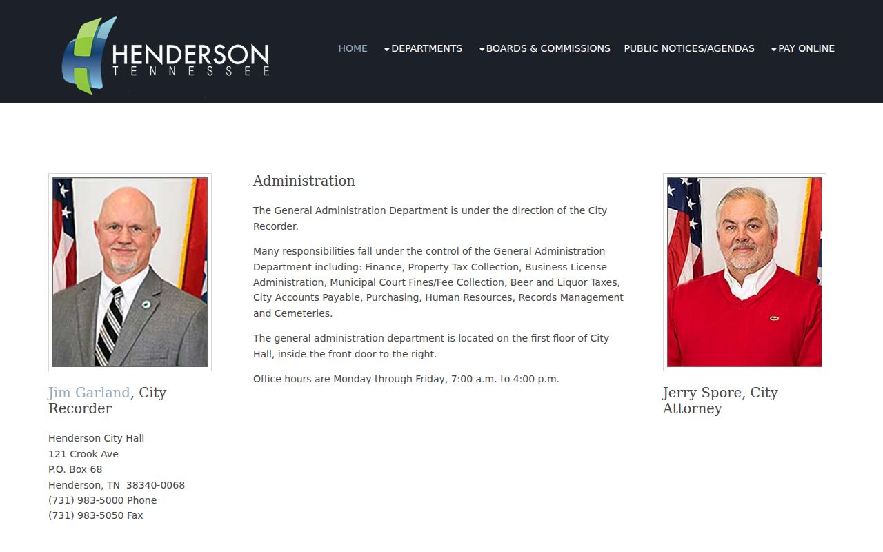 Henderson City administration page with City Hall and Recorder information