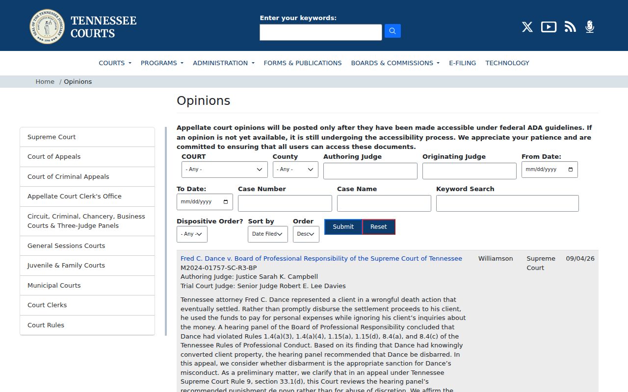 Official Tennessee appellate opinions index