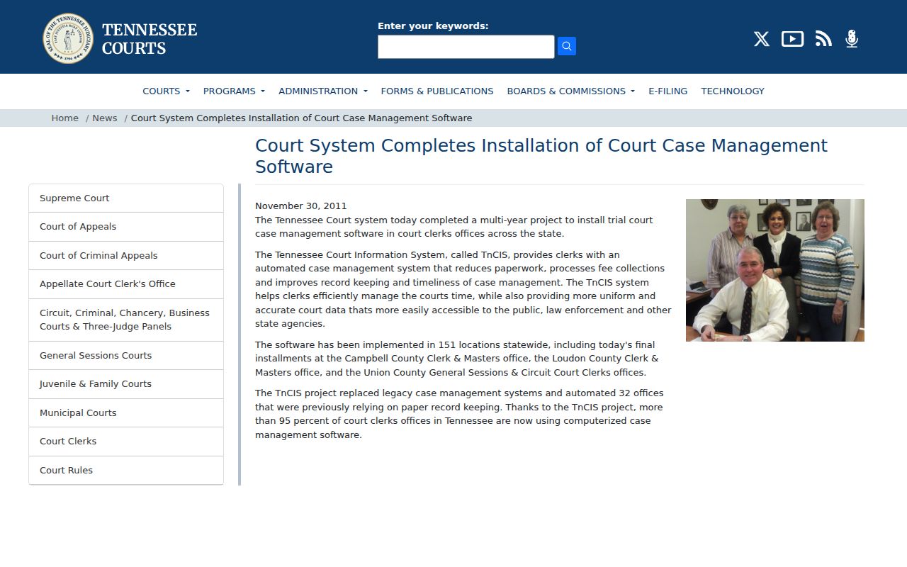 Tennessee judiciary history of TnCIS case management installation