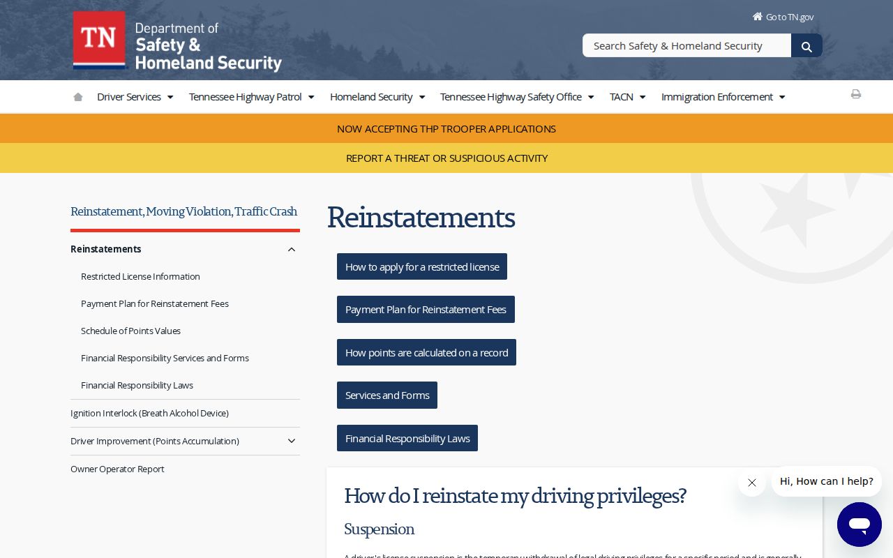 Tennessee reinstatement route after a Chester County traffic court record
